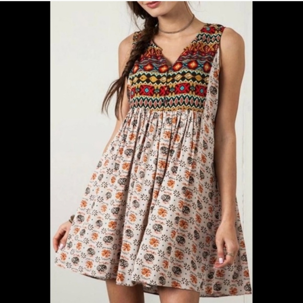 Umgee Boho Multi-colored Aztec Print Top Mini Dress